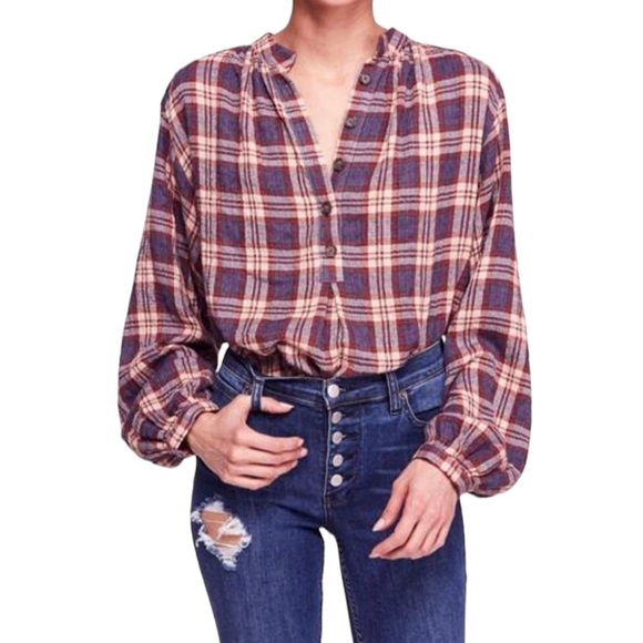 Free People Tops - Free People Northern Bound Plaid Flannel Popover Shirt Maroon/Tan Sz S Oversized